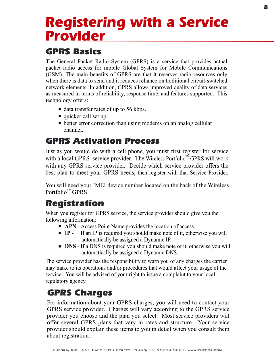 Registering with a service provider, Gprs basics, Gprs activation process | Registration, Gprs charges | Enfora GSM0400 User Manual | Page 8 / 23