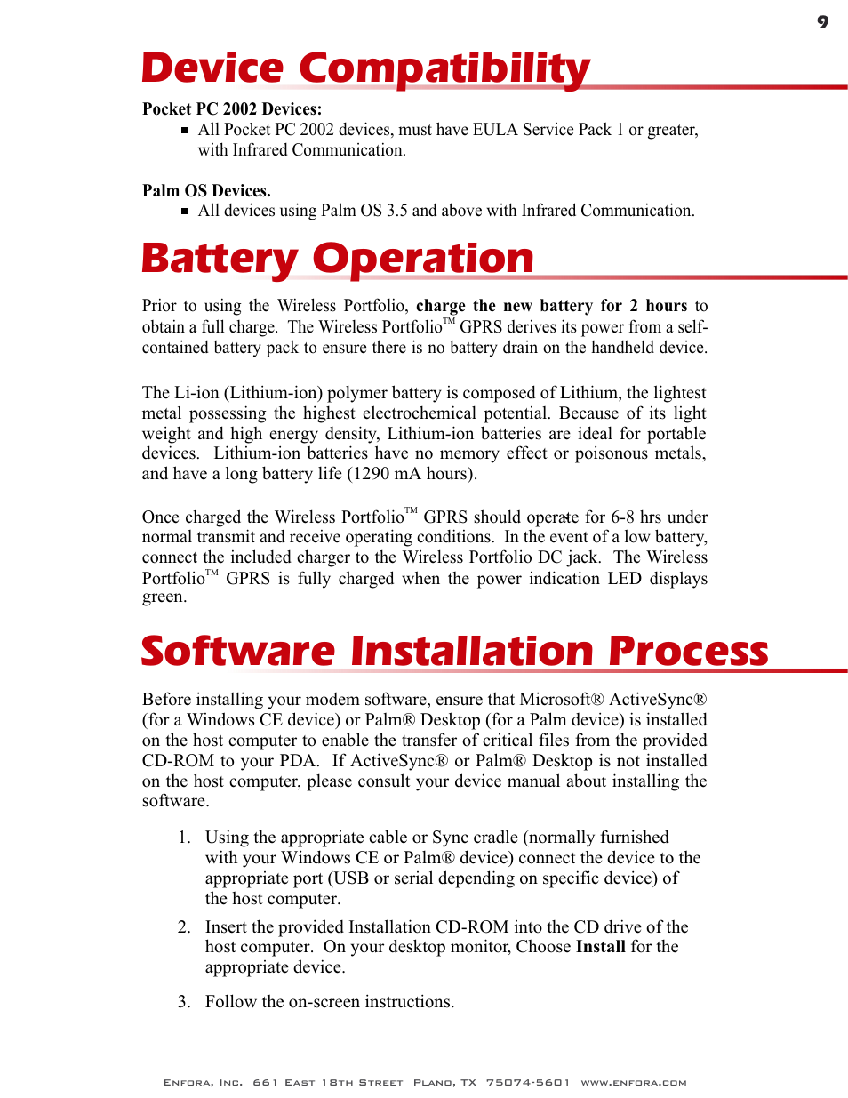 Software installation process, Battery operation, Device compatibility | Enfora GSM0400 User Manual | Page 9 / 23