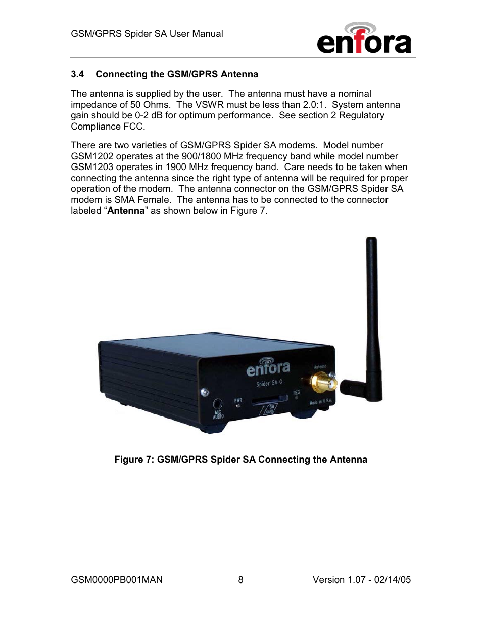 Connecting the gsm/gprs antenna | Enfora GSM0000PB001MAN User Manual | Page 14 / 23