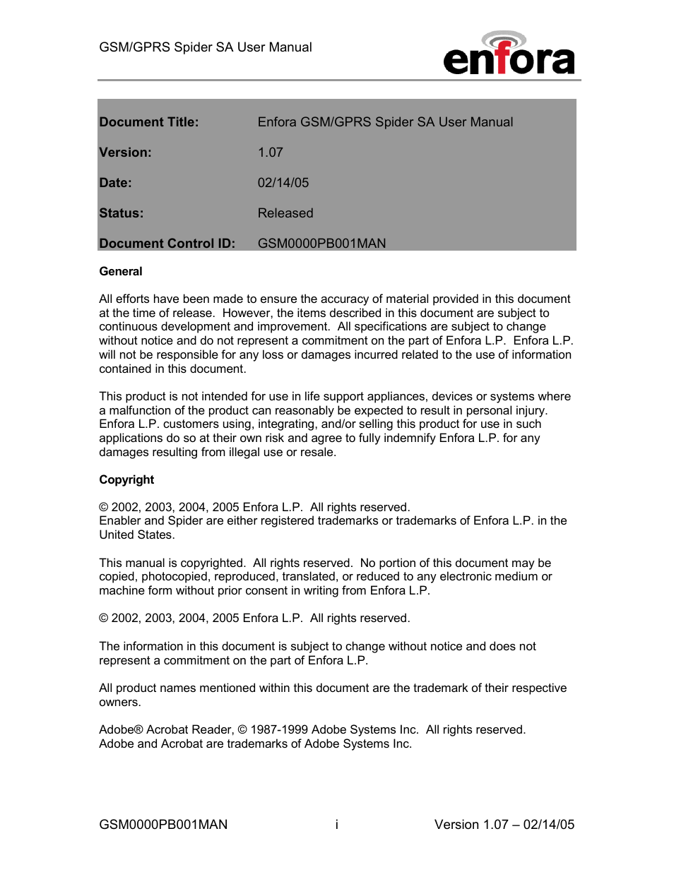 Document title | Enfora GSM0000PB001MAN User Manual | Page 2 / 23
