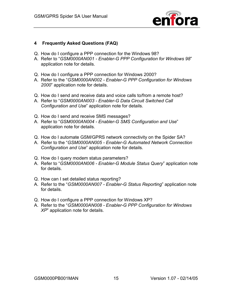 Frequently asked questions (faq) | Enfora GSM0000PB001MAN User Manual | Page 21 / 23