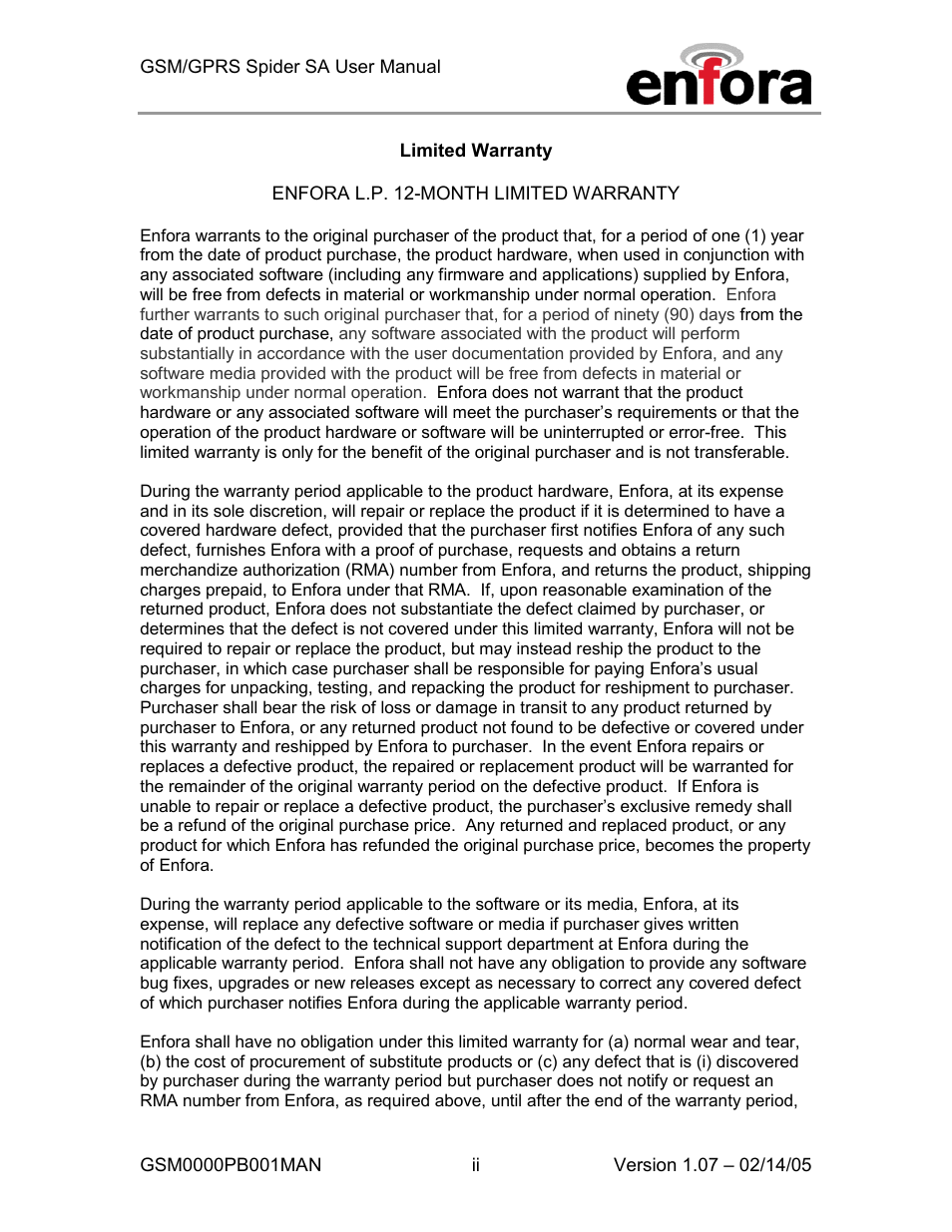 Limited warranty | Enfora GSM0000PB001MAN User Manual | Page 3 / 23