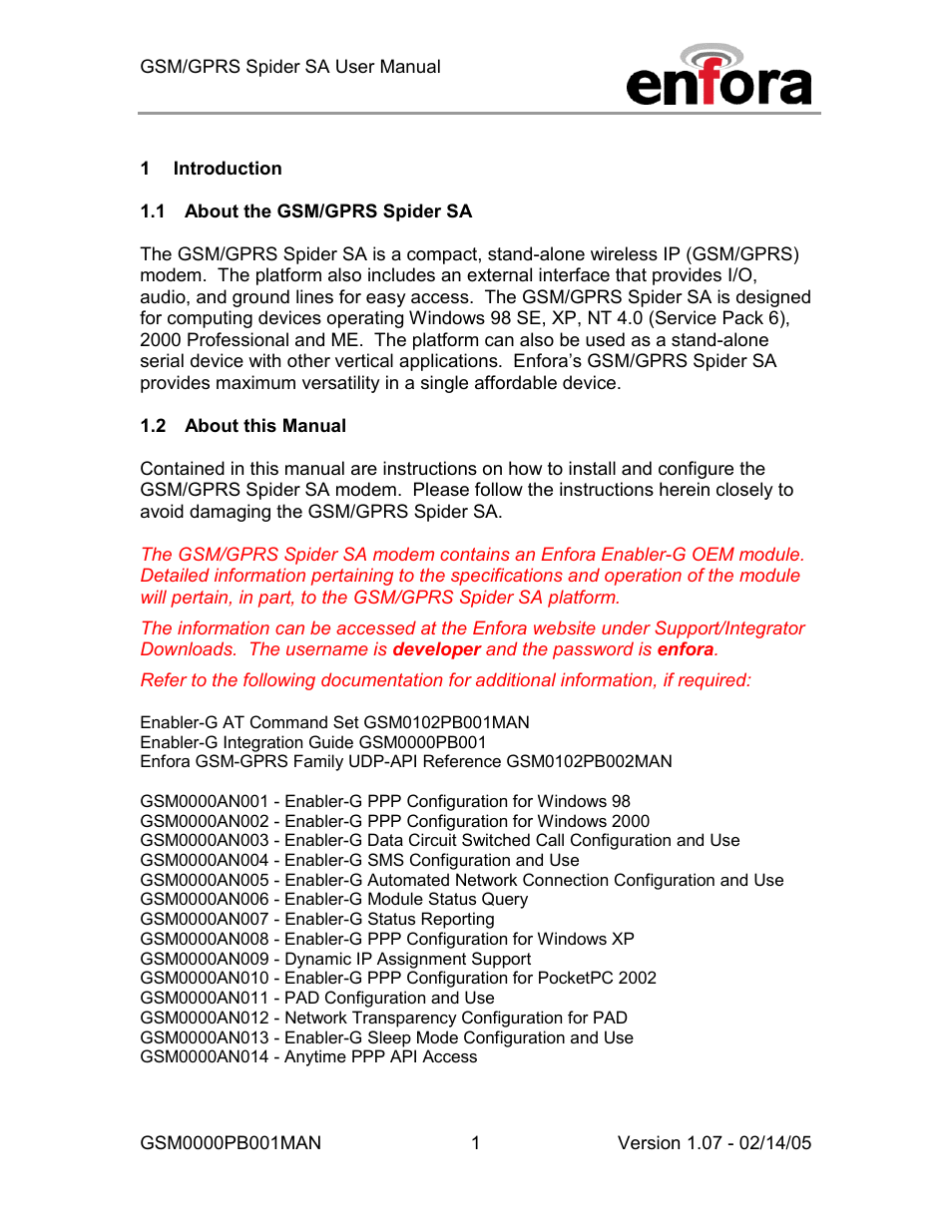 Introduction, About the gsm/gprs spider sa, About this manual | Enfora GSM0000PB001MAN User Manual | Page 7 / 23