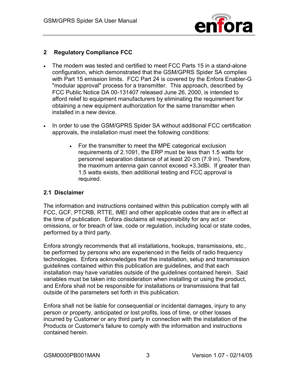 Regulatory compliance fcc, Disclaimer | Enfora GSM0000PB001MAN User Manual | Page 9 / 23