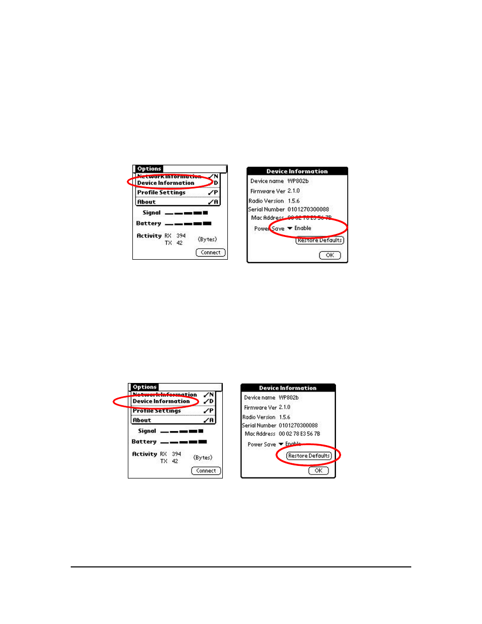 Advanced configuration, Power save, Restore default settings | Ower, Estore, Efault settings | Enfora 600/650 User Manual | Page 17 / 22