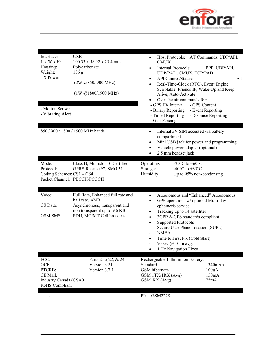 2 product specifications, Product specifications | Enfora GSM2228UG001 User Manual | Page 11 / 55