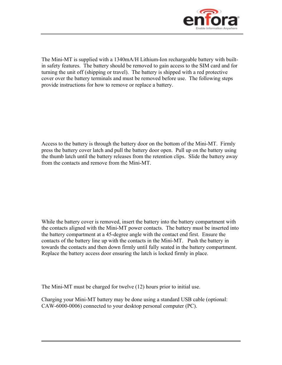 5 battery removal / insertion / charging, 1 removing the battery, 2 inserting the battery | 3 charging the battery, Battery removal / insertion / charging, Emoving the battery, Nserting the battery, Harging the battery | Enfora GSM2228UG001 User Manual | Page 20 / 55