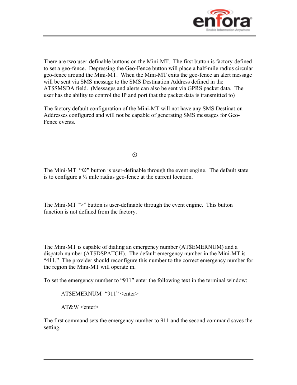 3 set geo-fence, 4 user-defined button(s), 1 user-definable button | 2 user-definable button, 5 setting the emergency call number, Ence, Efined button, User-definable button, Etting the, Mergency | Enfora GSM2228UG001 User Manual | Page 25 / 55