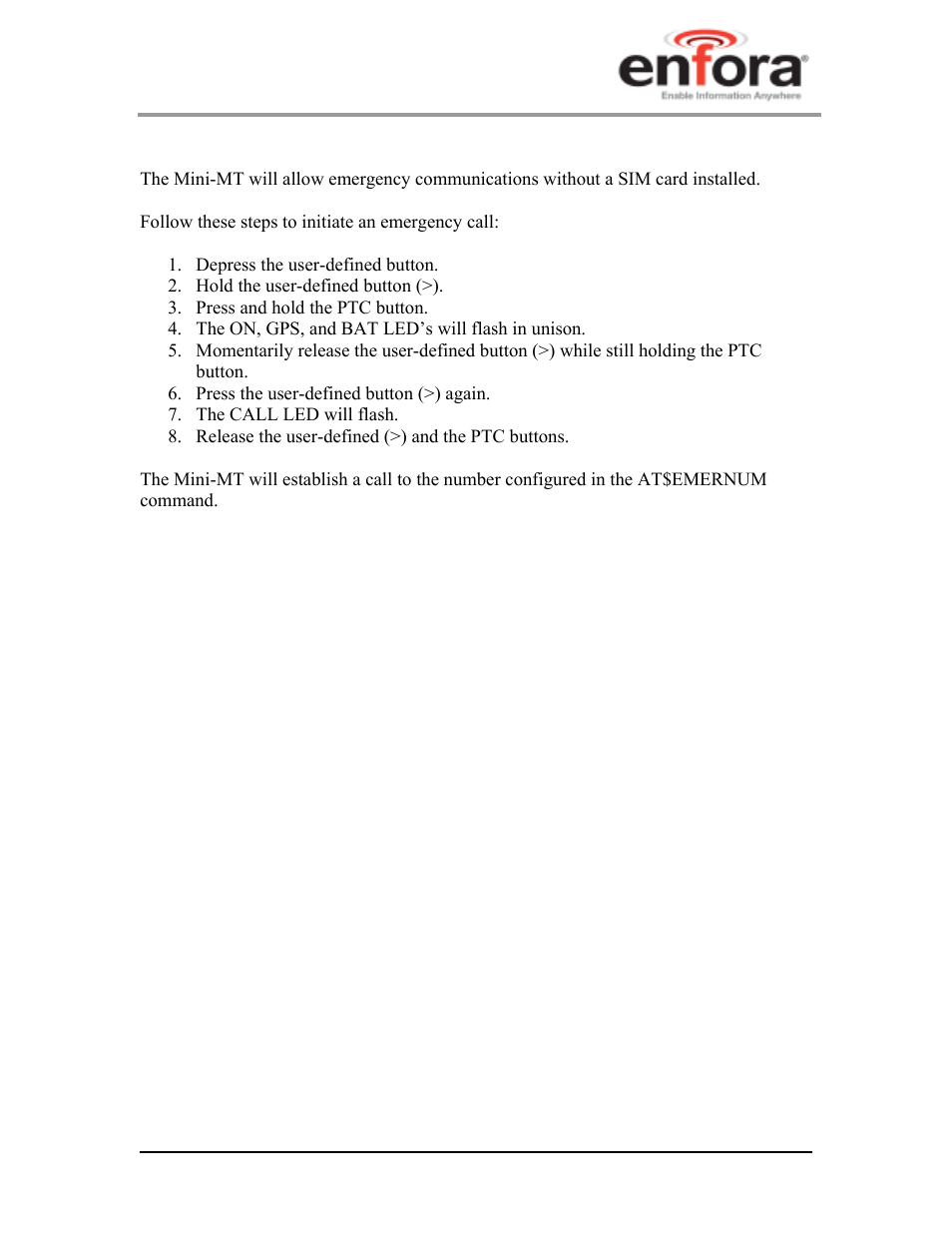 6 dialing the emergency call number, Ialing the, Mergency | Umber | Enfora GSM2228UG001 User Manual | Page 26 / 55