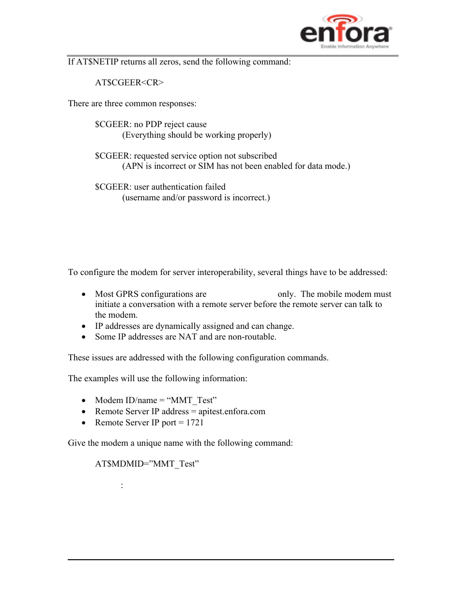 6 configure the modem to access the enfora server, Configure the modem to access the enfora server | Enfora GSM2228UG001 User Manual | Page 43 / 55