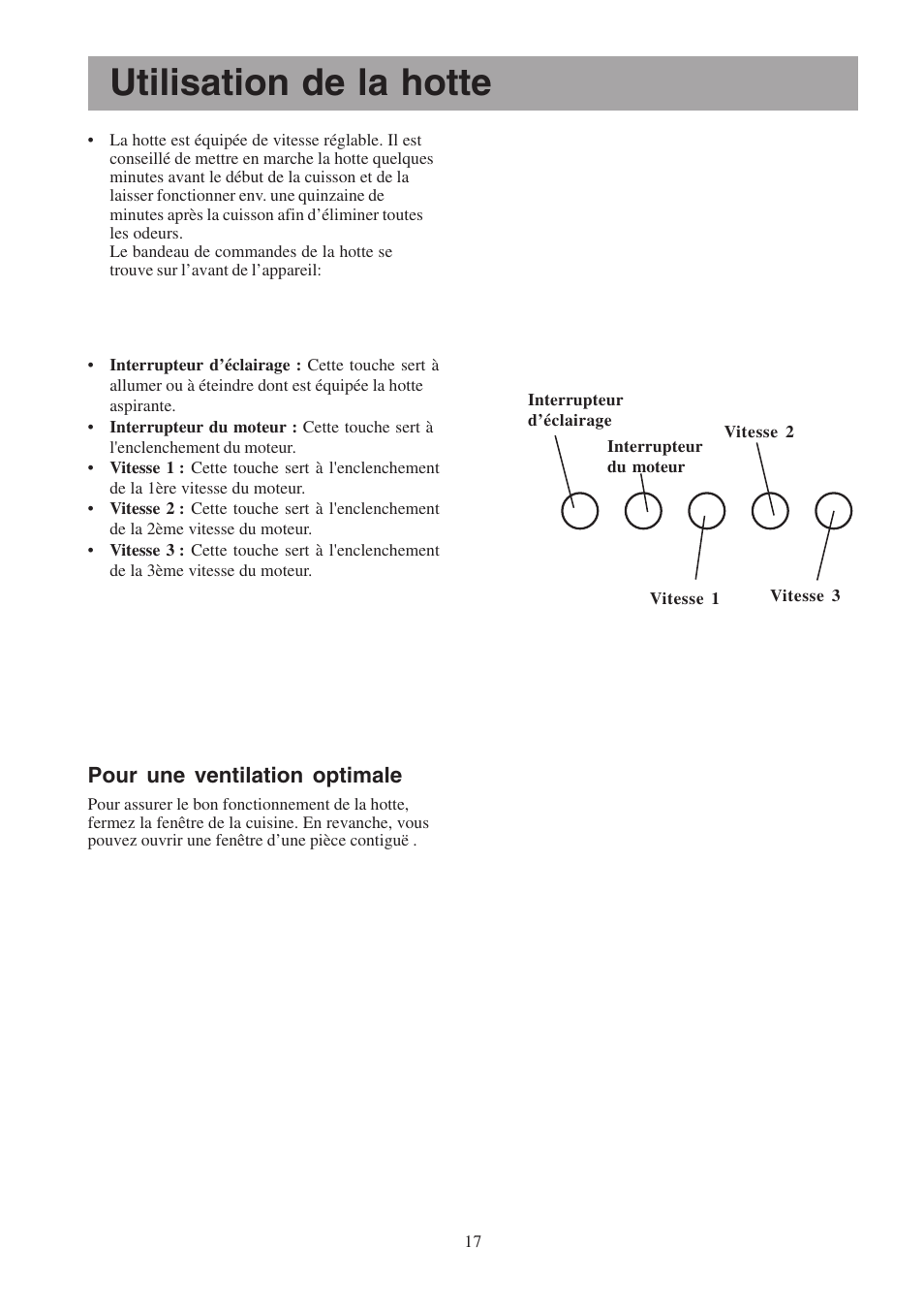 Utilisation de la hotte, Pour une ventilation optimale | Electrolux EFCL 650-EFC 12011 User Manual | Page 17 / 80