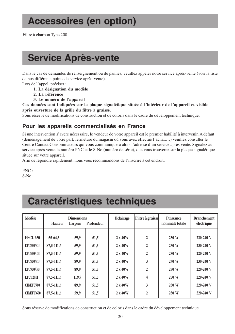 Caractéristiques techniques service après-vente, Accessoires (en option), Pour les appareils commercialisés en france | Electrolux EFCL 650-EFC 12011 User Manual | Page 20 / 80