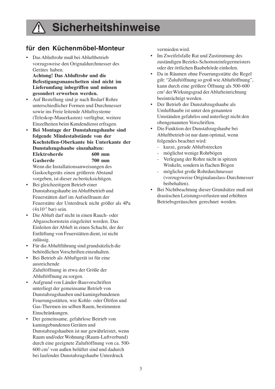 Sicherheitshinweise, Für den küchenmöbel-monteur | Electrolux EFCL 650-EFC 12011 User Manual | Page 3 / 80