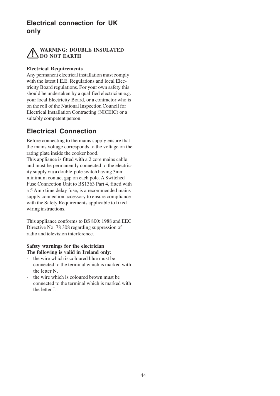 Electrical connection for uk only, Electrical connection | Electrolux EFCL 650-EFC 12011 User Manual | Page 44 / 80