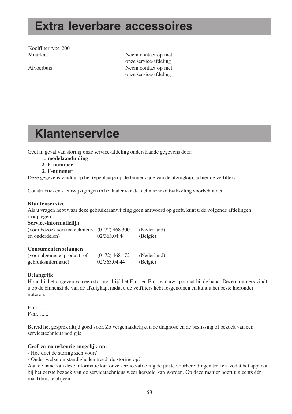 Extra leverbare accessoires, Klantenservice | Electrolux EFCL 650-EFC 12011 User Manual | Page 53 / 80