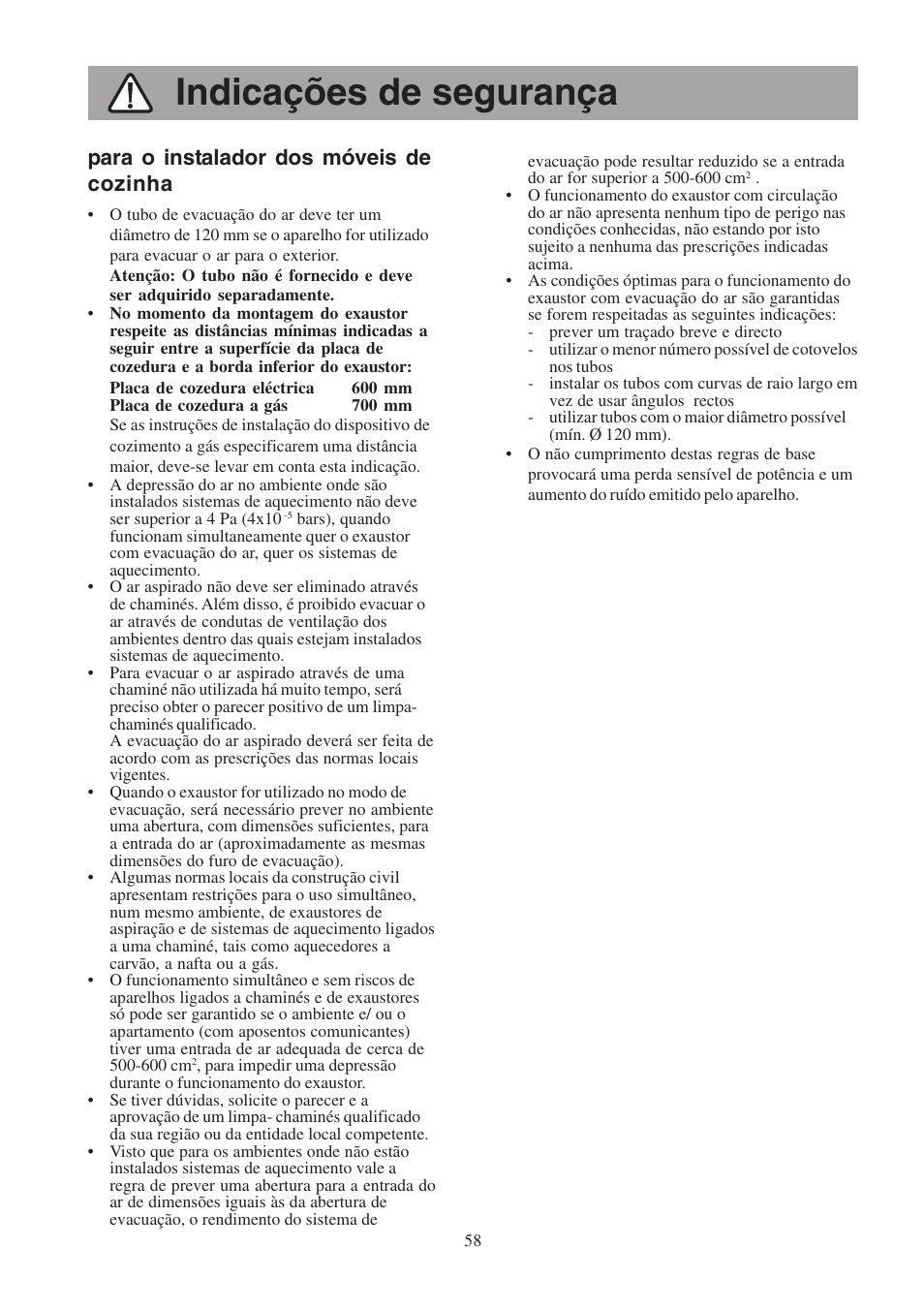 Indicações de segurança, Para o instalador dos móveis de cozinha | Electrolux EFCL 650-EFC 12011 User Manual | Page 58 / 80