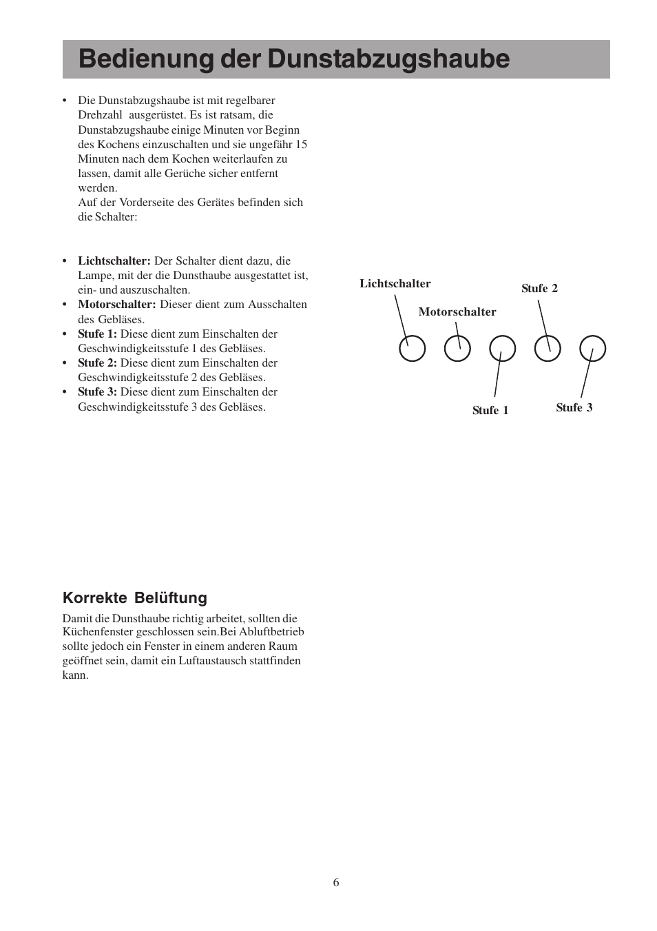 Bedienung der dunstabzugshaube, Korrekte belüftung | Electrolux EFCL 650-EFC 12011 User Manual | Page 6 / 80