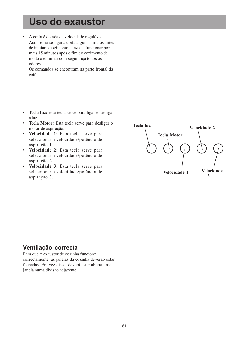 Uso do exaustor, Ventilação correcta | Electrolux EFCL 650-EFC 12011 User Manual | Page 61 / 80