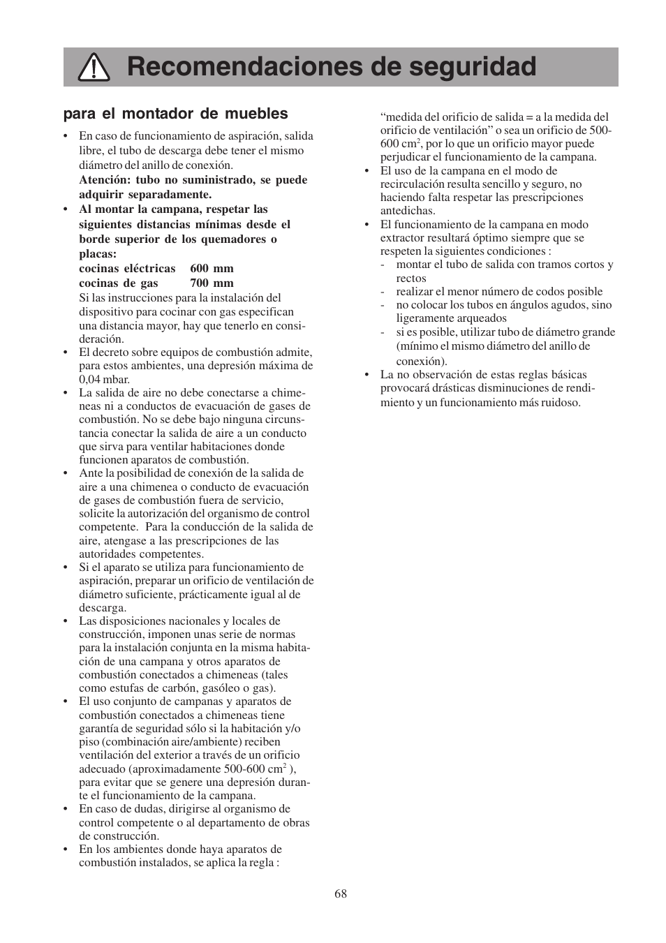 Recomendaciones de seguridad, Para el montador de muebles | Electrolux EFCL 650-EFC 12011 User Manual | Page 68 / 80