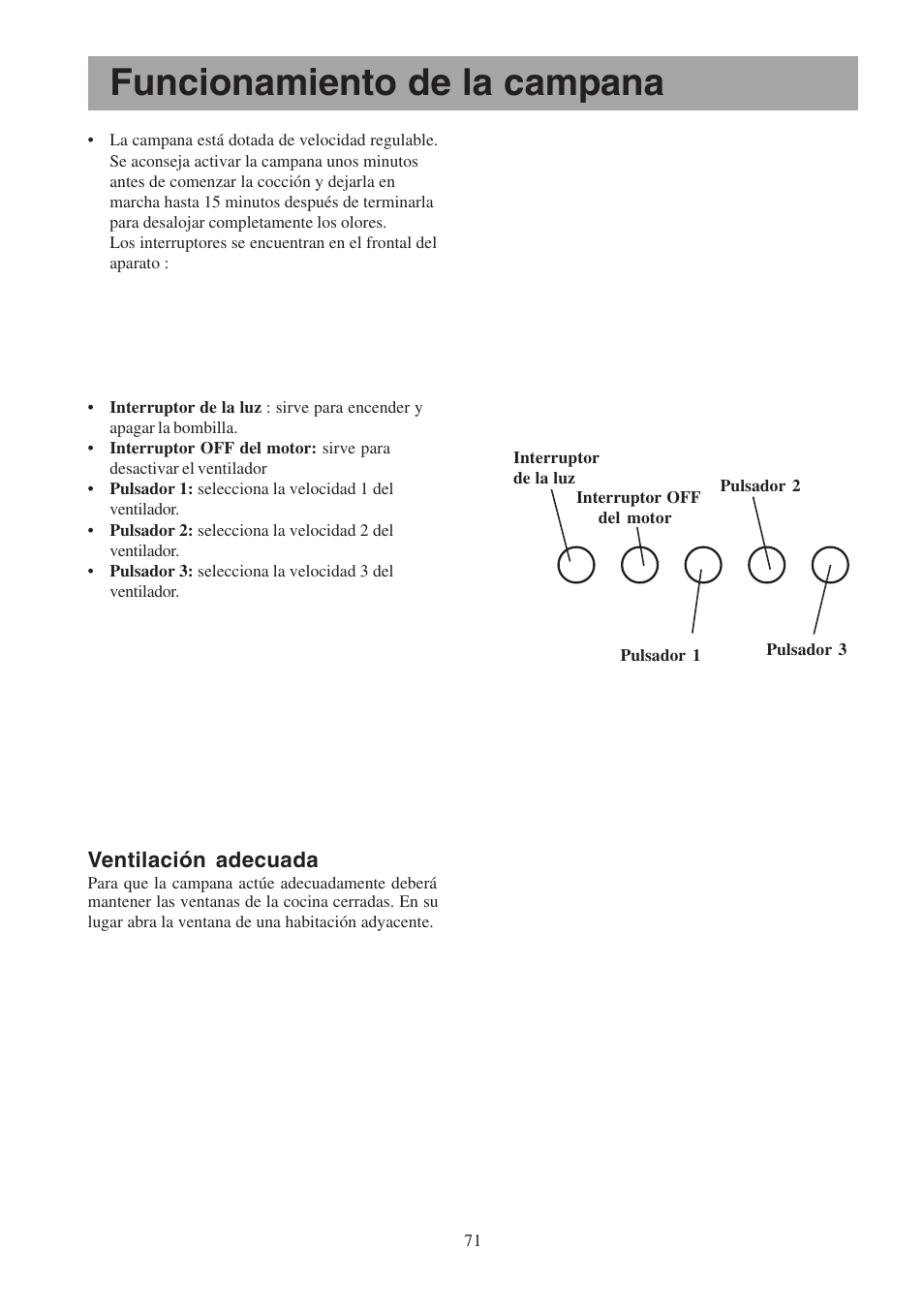 Funcionamiento de la campana, Ventilación adecuada | Electrolux EFCL 650-EFC 12011 User Manual | Page 71 / 80