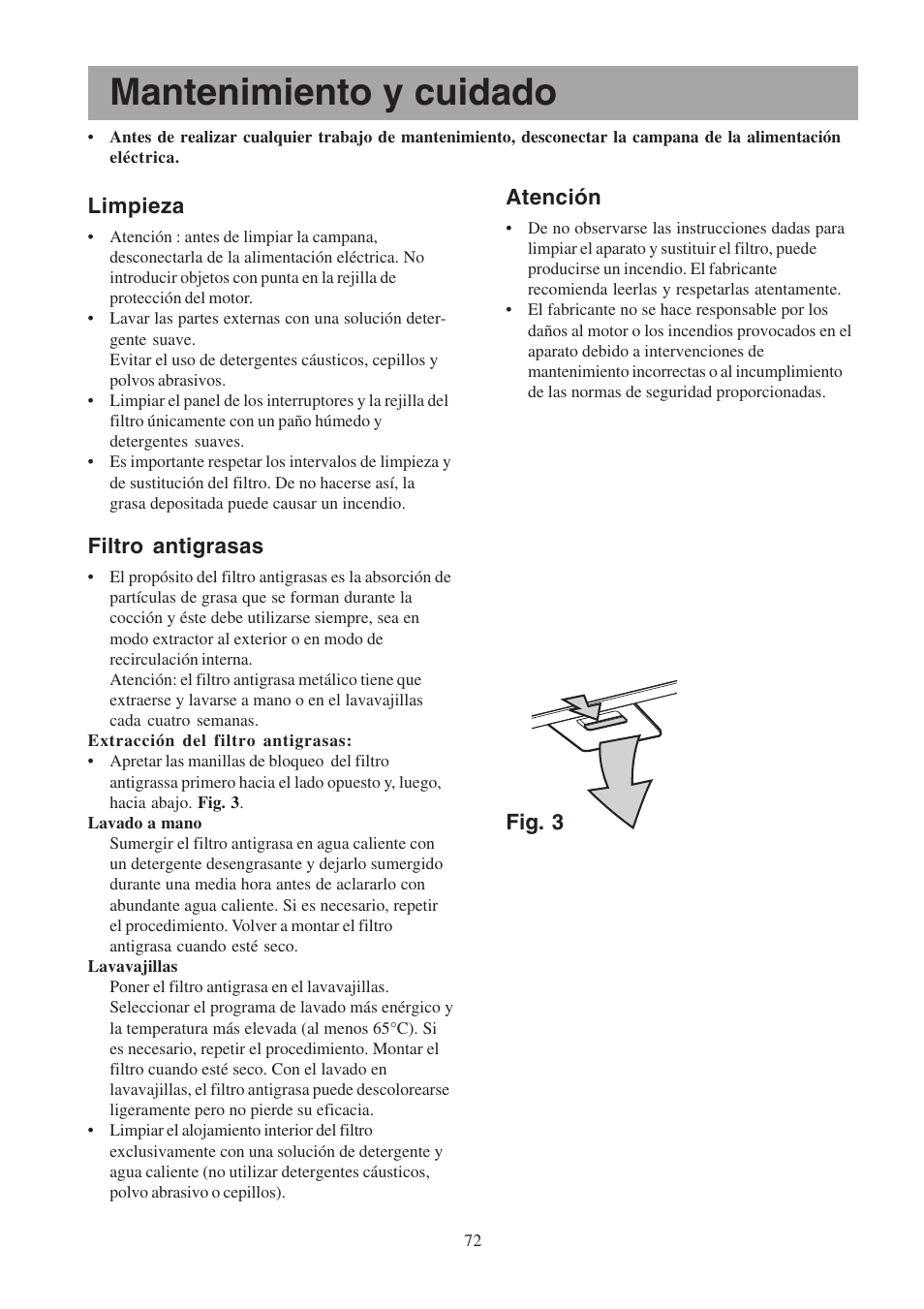 Mantenimiento y cuidado, Limpieza, Filtro antigrasas | Fig. 3 atención | Electrolux EFCL 650-EFC 12011 User Manual | Page 72 / 80