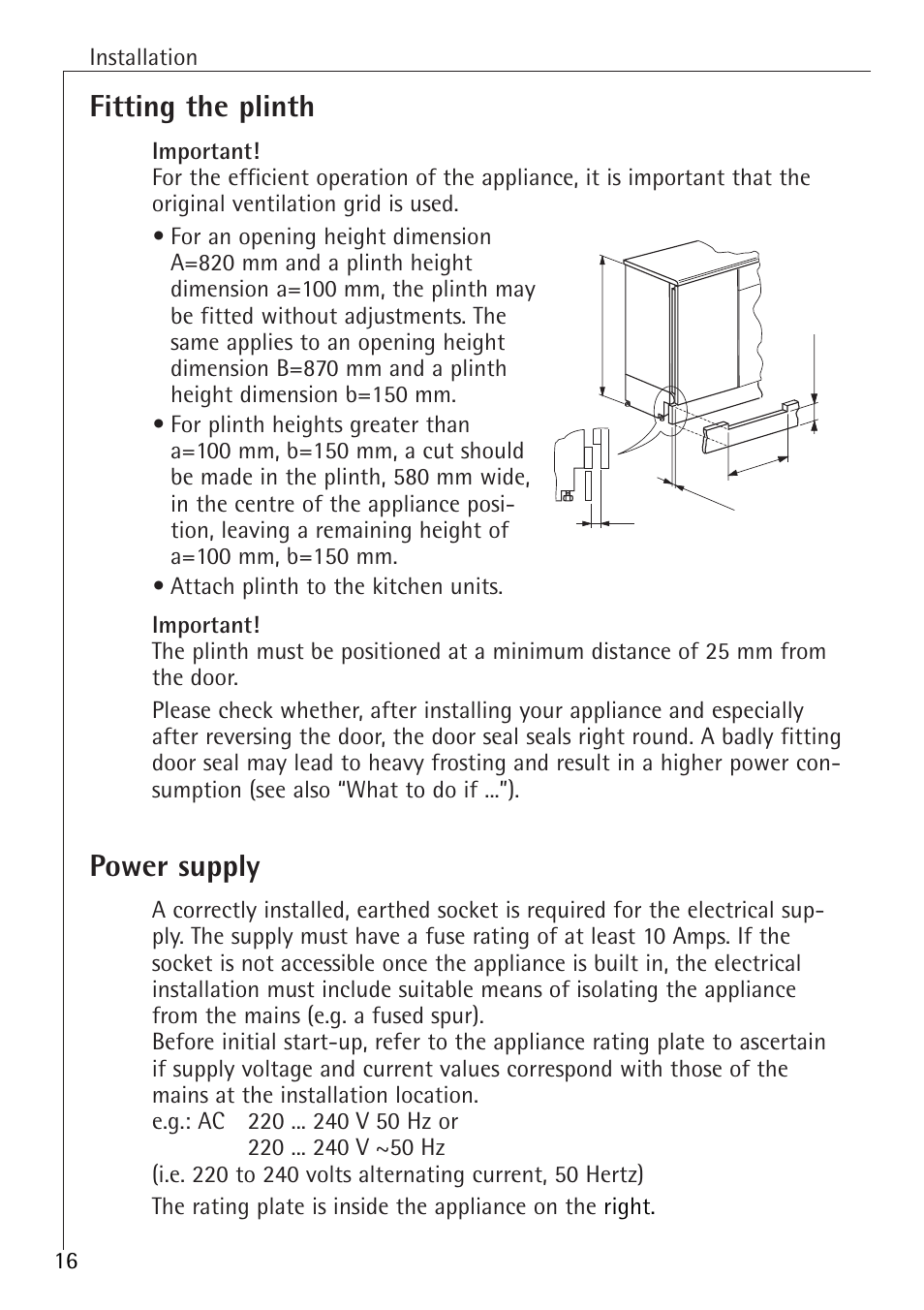 Fitting the plinth, Power supply | Electrolux 86000 i User Manual | Page 16 / 28