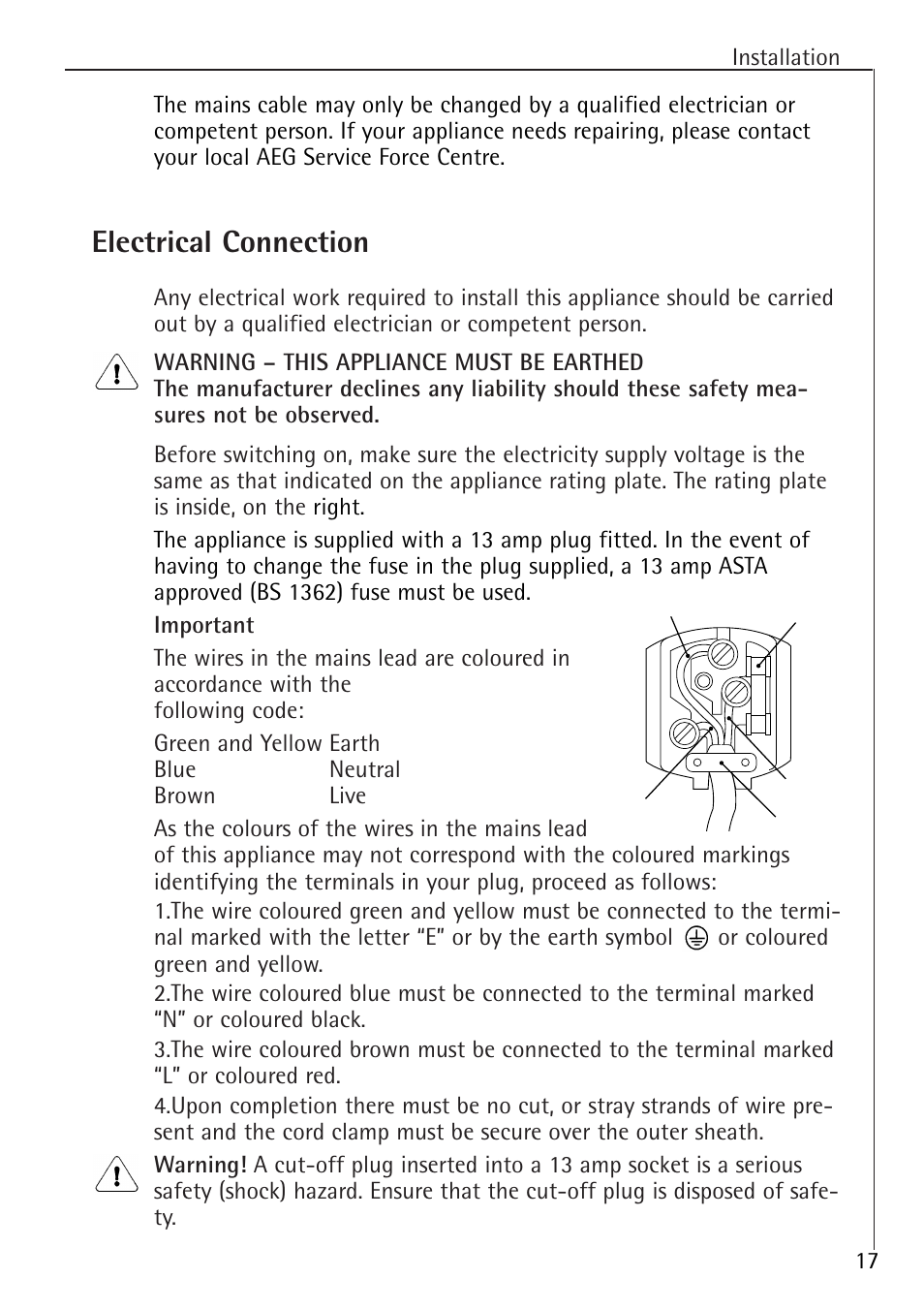 Electrical connection, Installation | Electrolux 86000 i User Manual | Page 17 / 28