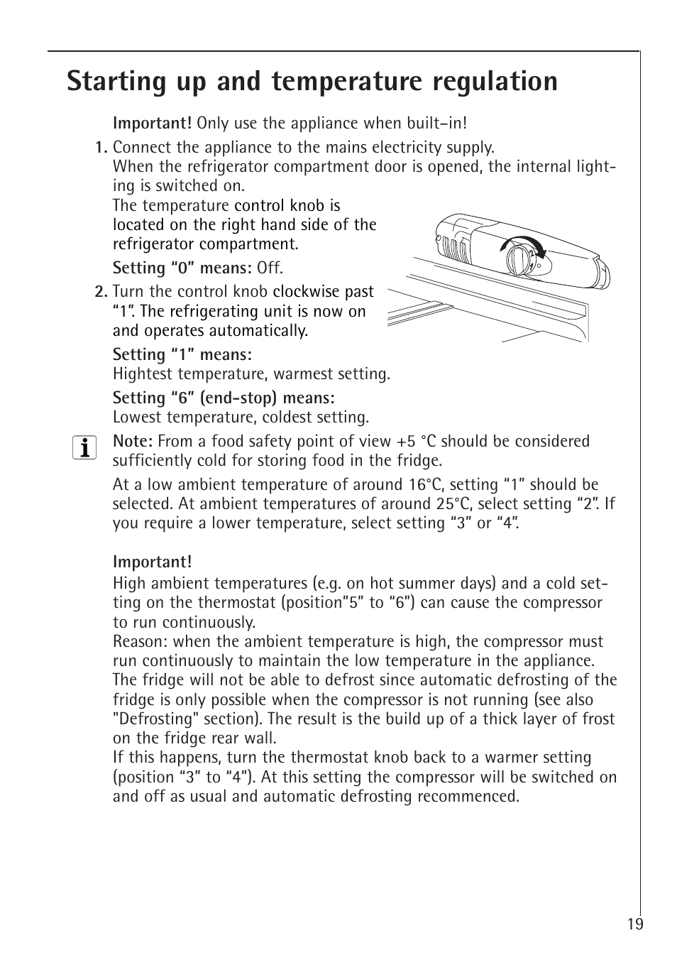 Starting up and temperature regulation | Electrolux 86000 i User Manual | Page 19 / 28