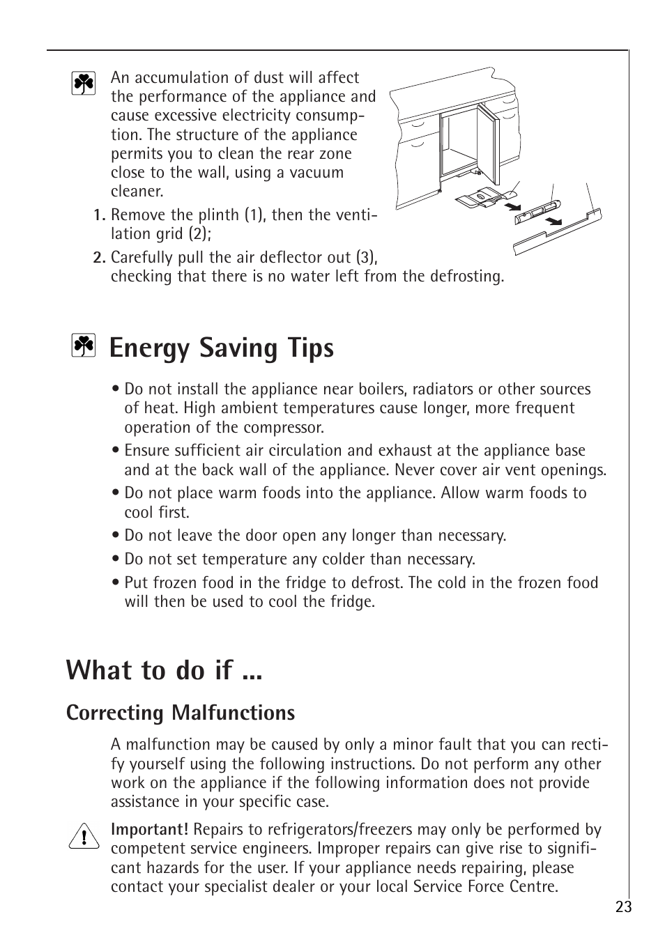 Energy saving tips, What to do if, Correcting malfunctions | Electrolux 86000 i User Manual | Page 23 / 28