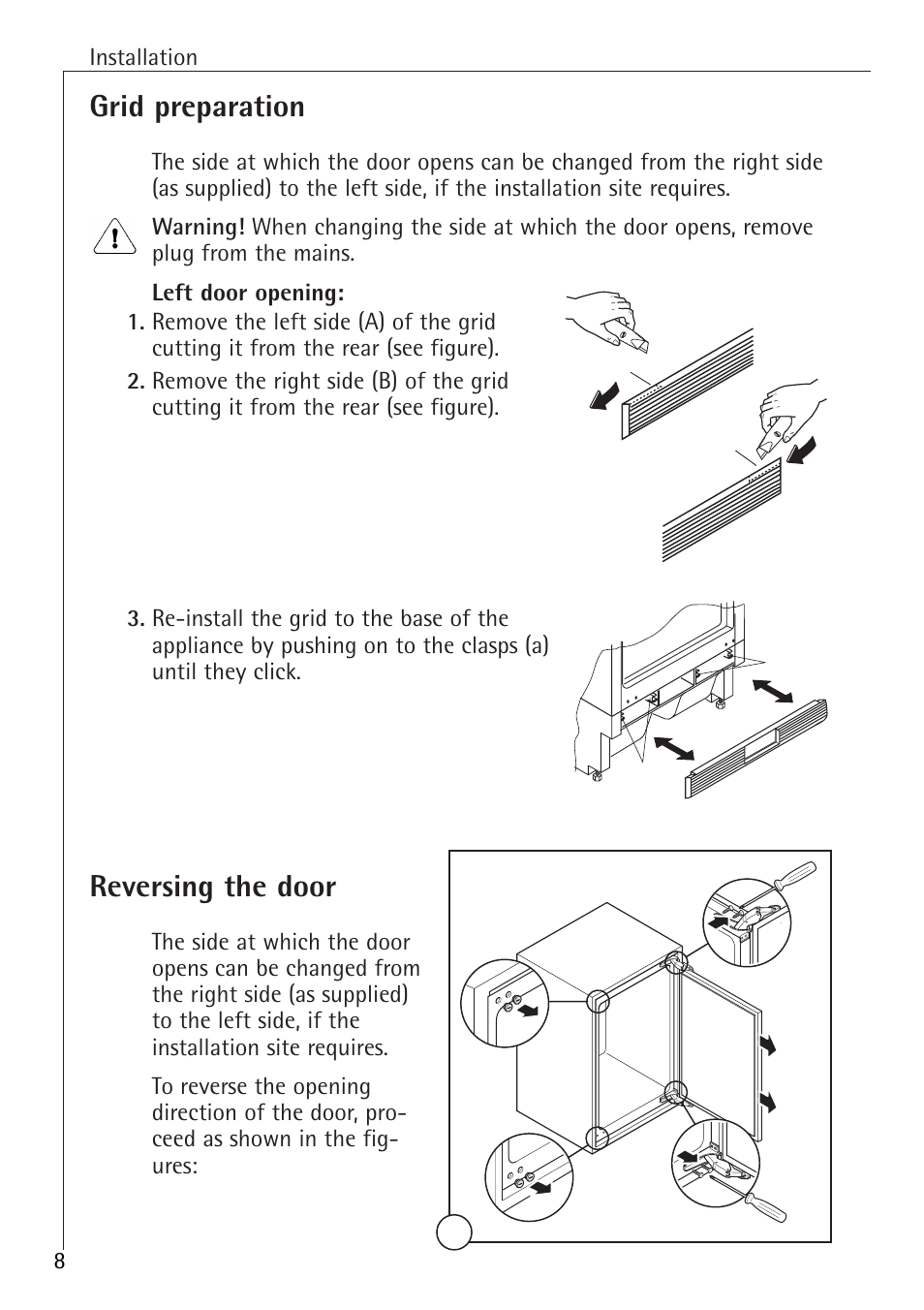 Grid preparation, Reversing the door | Electrolux 86000 i User Manual | Page 8 / 28