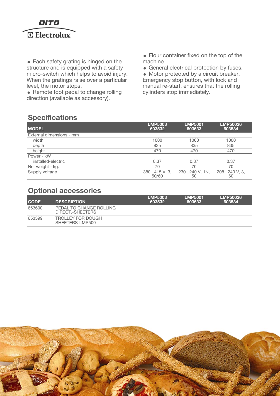 Specifications, Optional accessories | Electrolux Dito LMP5003 User Manual | Page 2 / 3