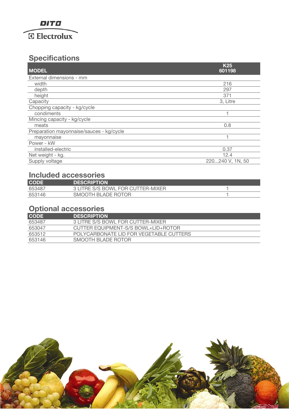 Specifications, Included accessories, Optional accessories | Electrolux Dito 601198 User Manual | Page 2 / 4