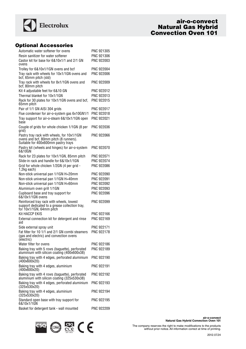 Optional accessories | Electrolux Air-o-convect 101 User Manual | Page 3 / 3