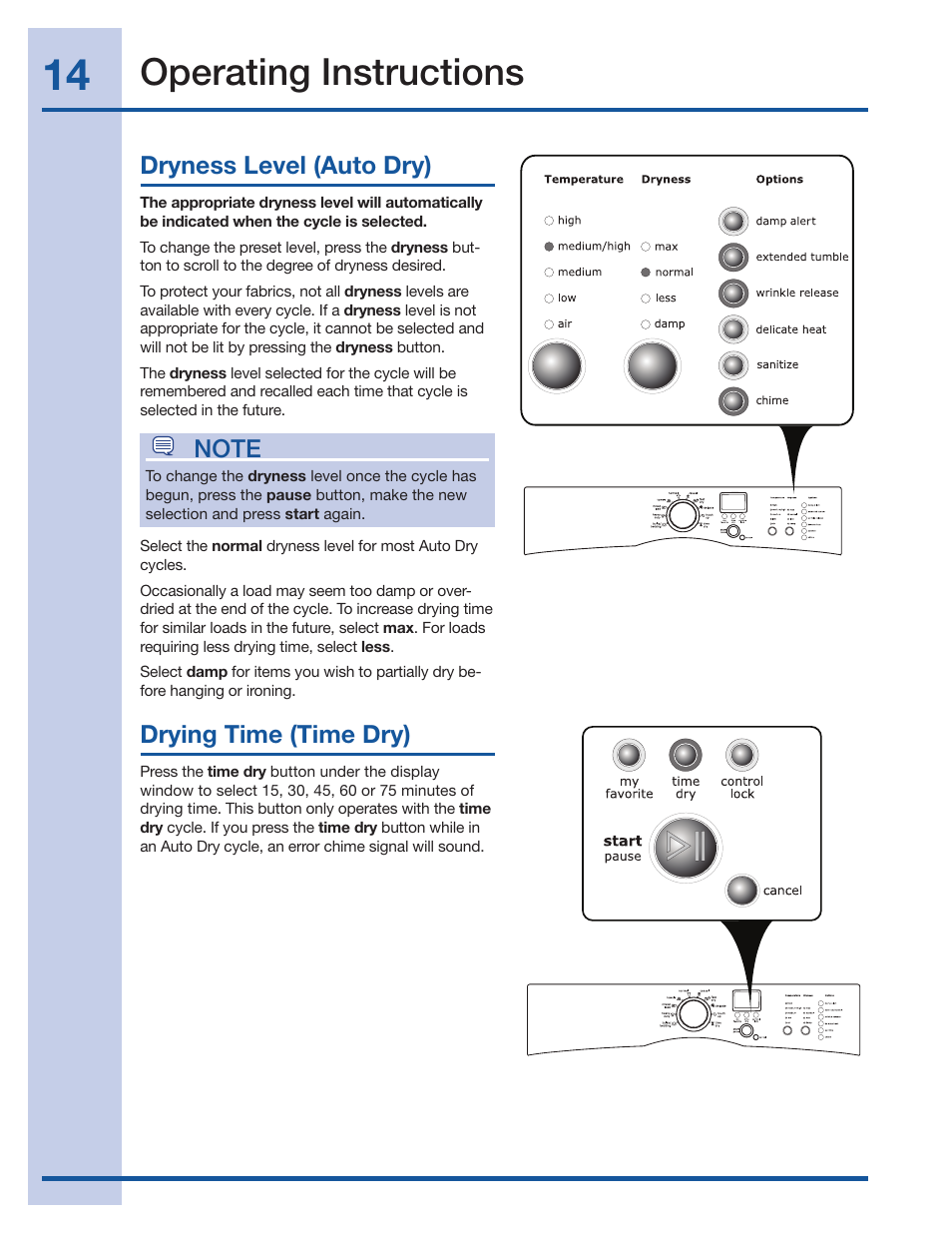 Operating instructions, Drying time (time dry) | Electrolux IQ-Touch 137018300 A User Manual | Page 14 / 24