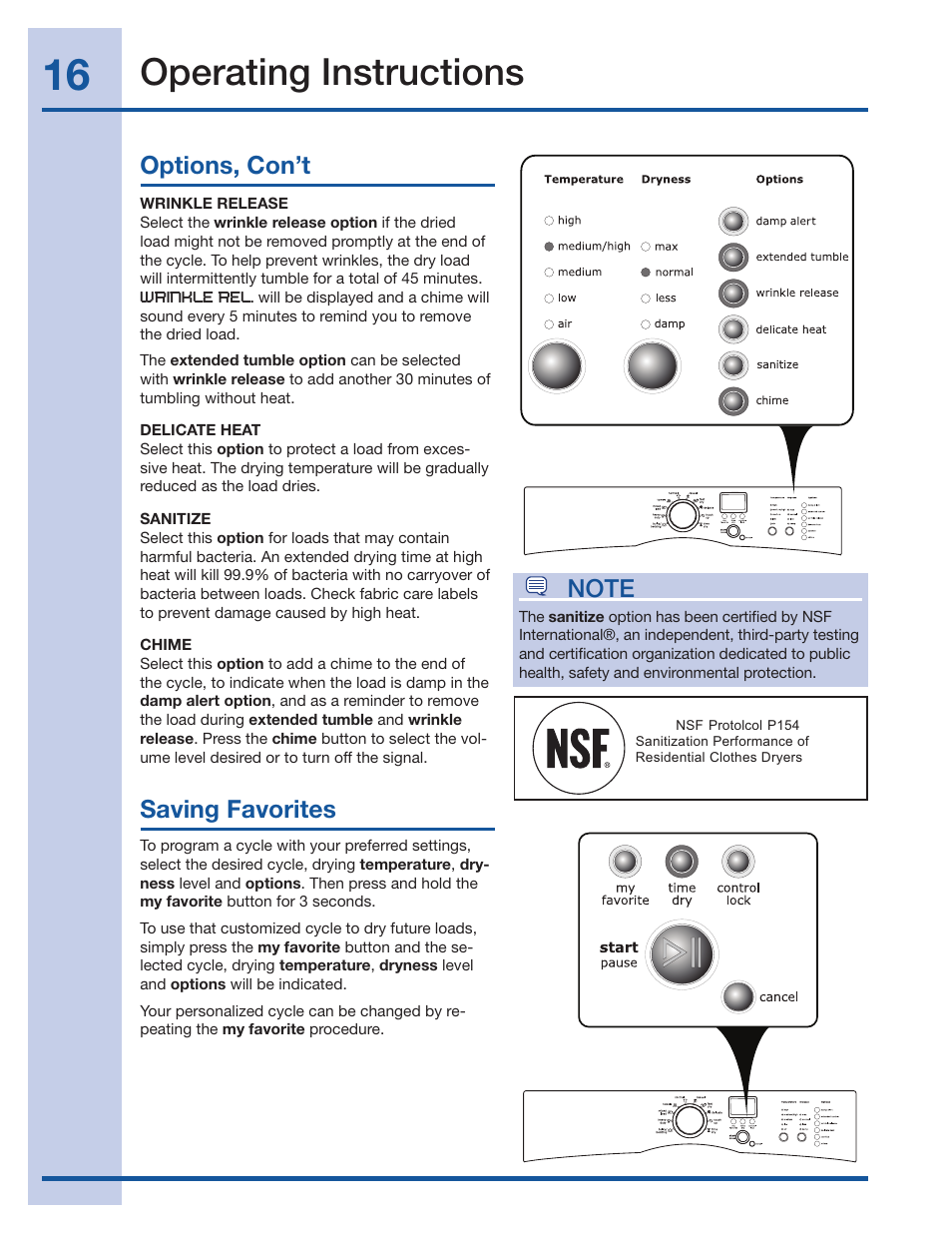 Operating instructions, Options, con’t, Saving favorites | Electrolux IQ-Touch 137018300 A User Manual | Page 16 / 24