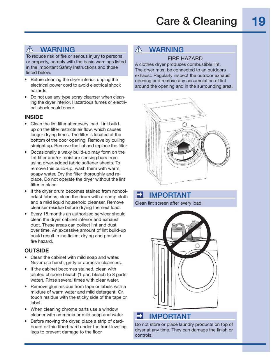 Care & cleaning, Warning, Important | Electrolux IQ-Touch 137018300 A User Manual | Page 19 / 24