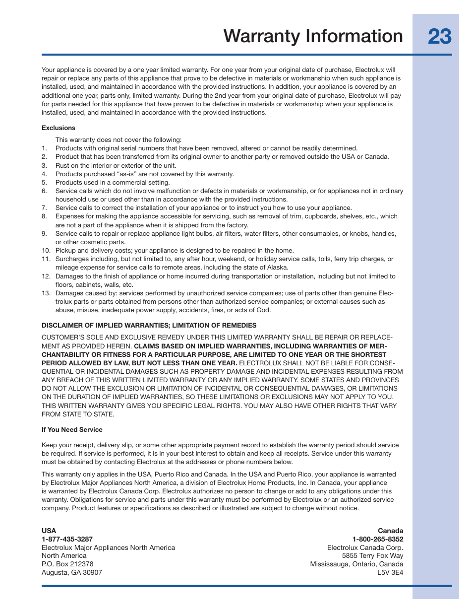 Warranty information | Electrolux IQ-Touch 137018300 A User Manual | Page 23 / 24