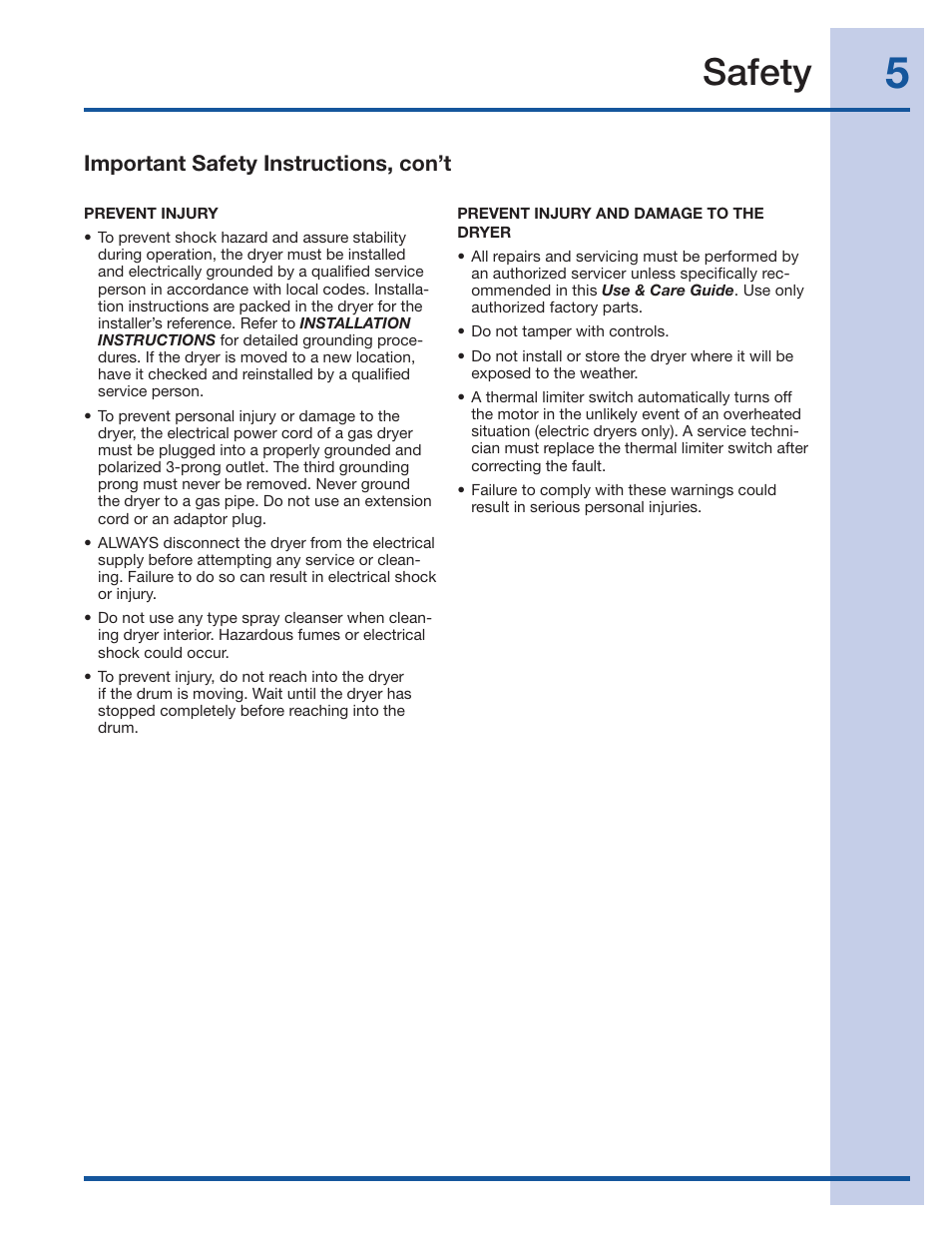 Safety, Important safety instructions, con’t | Electrolux IQ-Touch 137018300 A User Manual | Page 5 / 24
