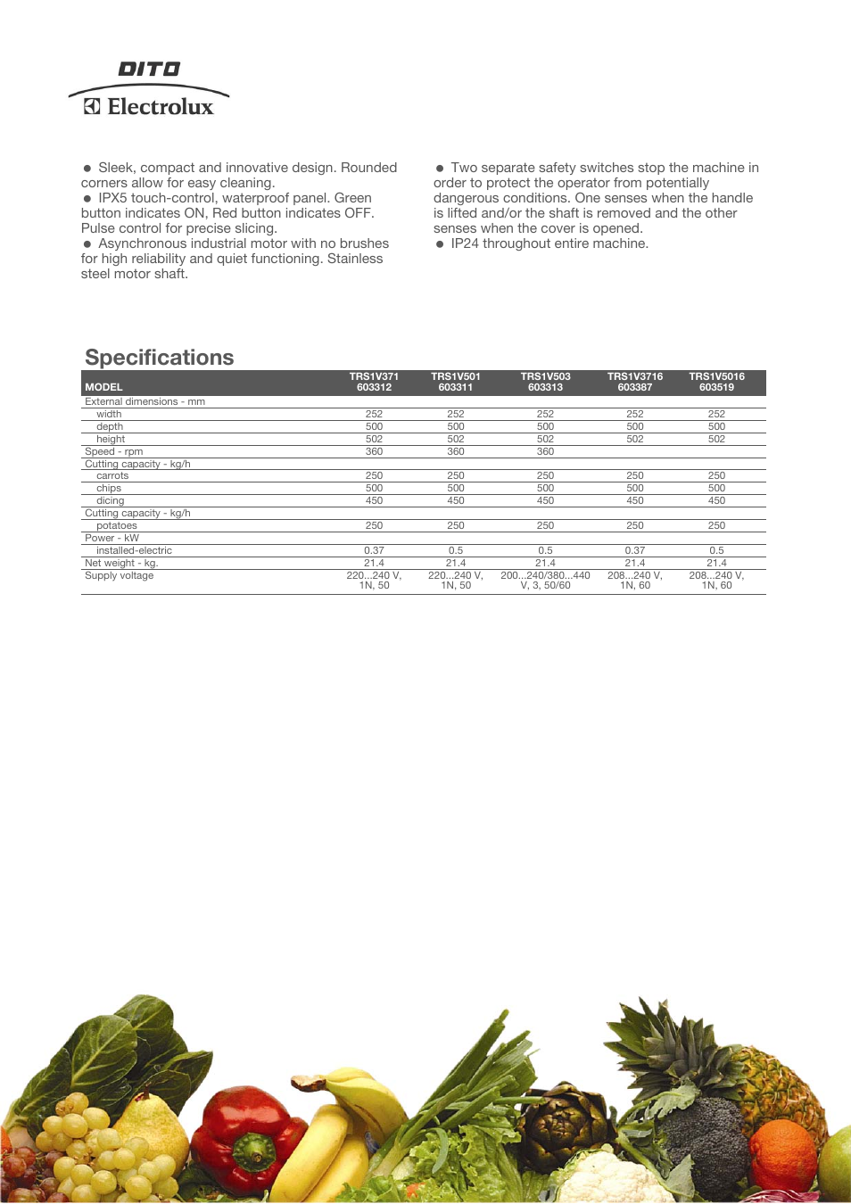 Specifications | Electrolux Dito TRS1V5016 User Manual | Page 2 / 4