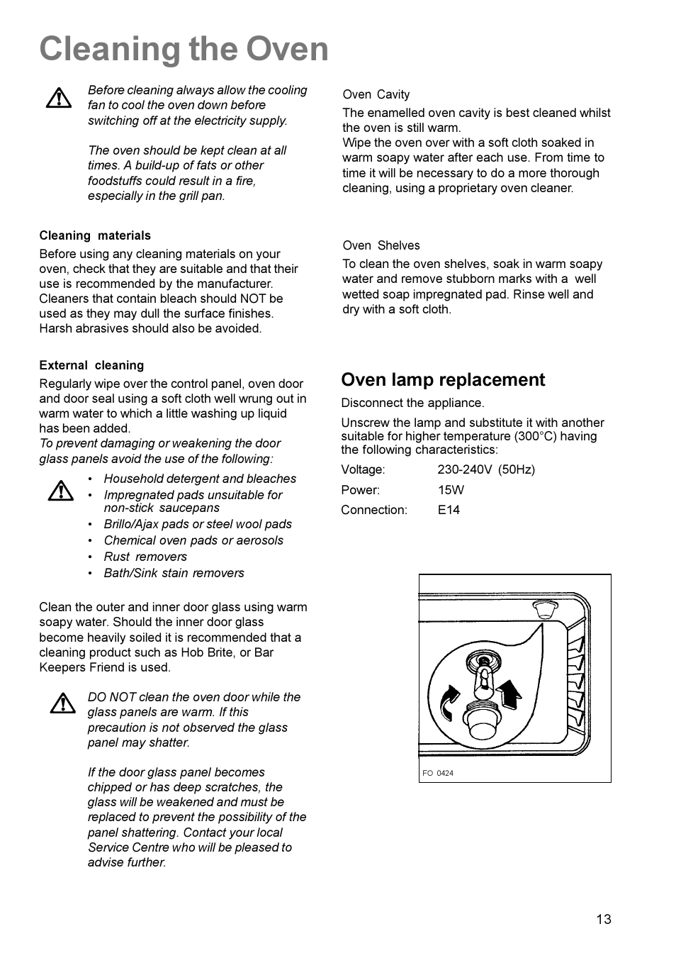 Cleaning the oven, Oven lamp replacement | Electrolux EK 5741 User Manual | Page 13 / 20