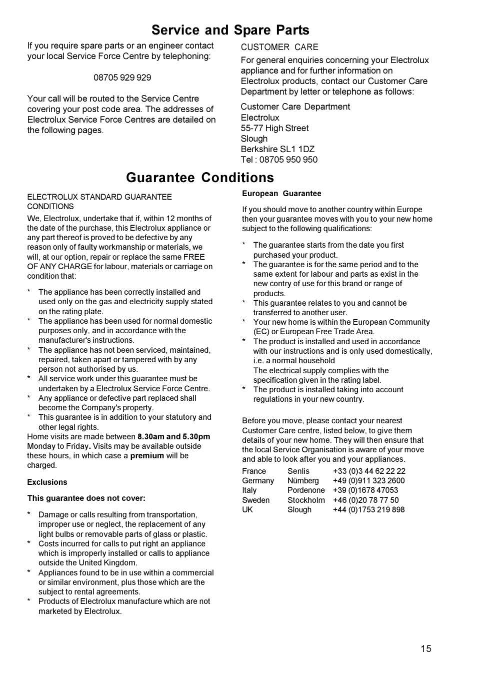 Guarantee conditions service and spare parts | Electrolux EK 5741 User Manual | Page 15 / 20