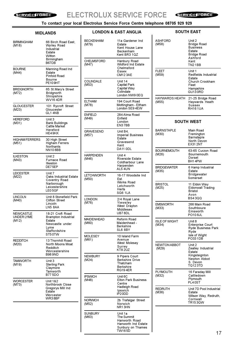 Electrolux service force, London & east anglia, South east | South west | Electrolux EK 5741 User Manual | Page 17 / 20