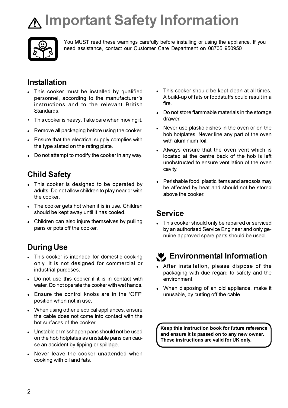 Important safety information, Installation, Child safety | During use, Service, Environmental information | Electrolux EK 5741 User Manual | Page 2 / 20