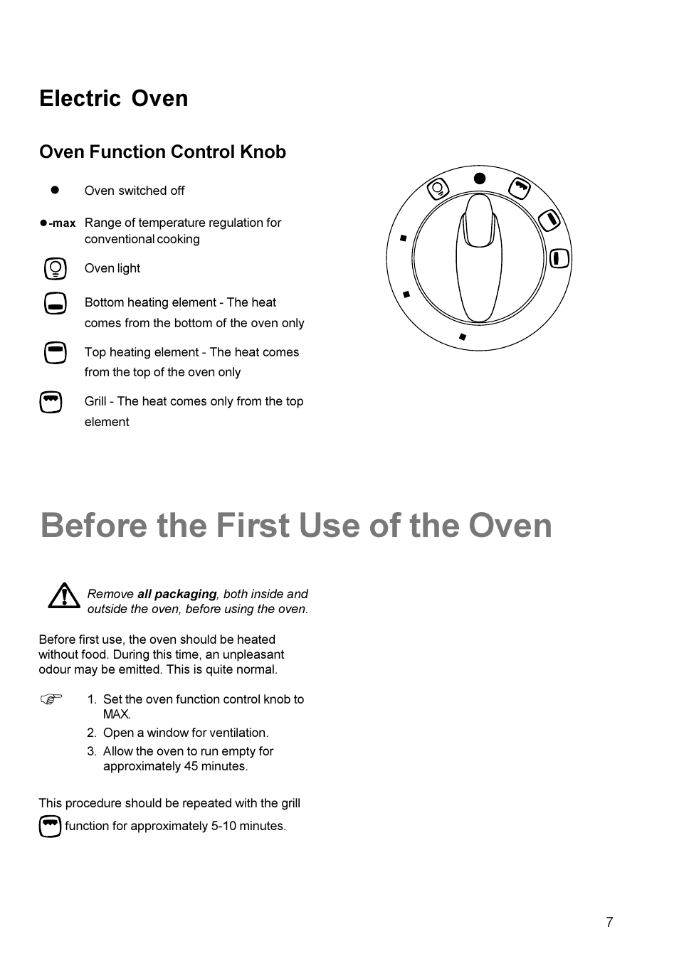 Before the first use of the oven, Electric oven, Oven function control knob | Electrolux EK 5741 User Manual | Page 7 / 20