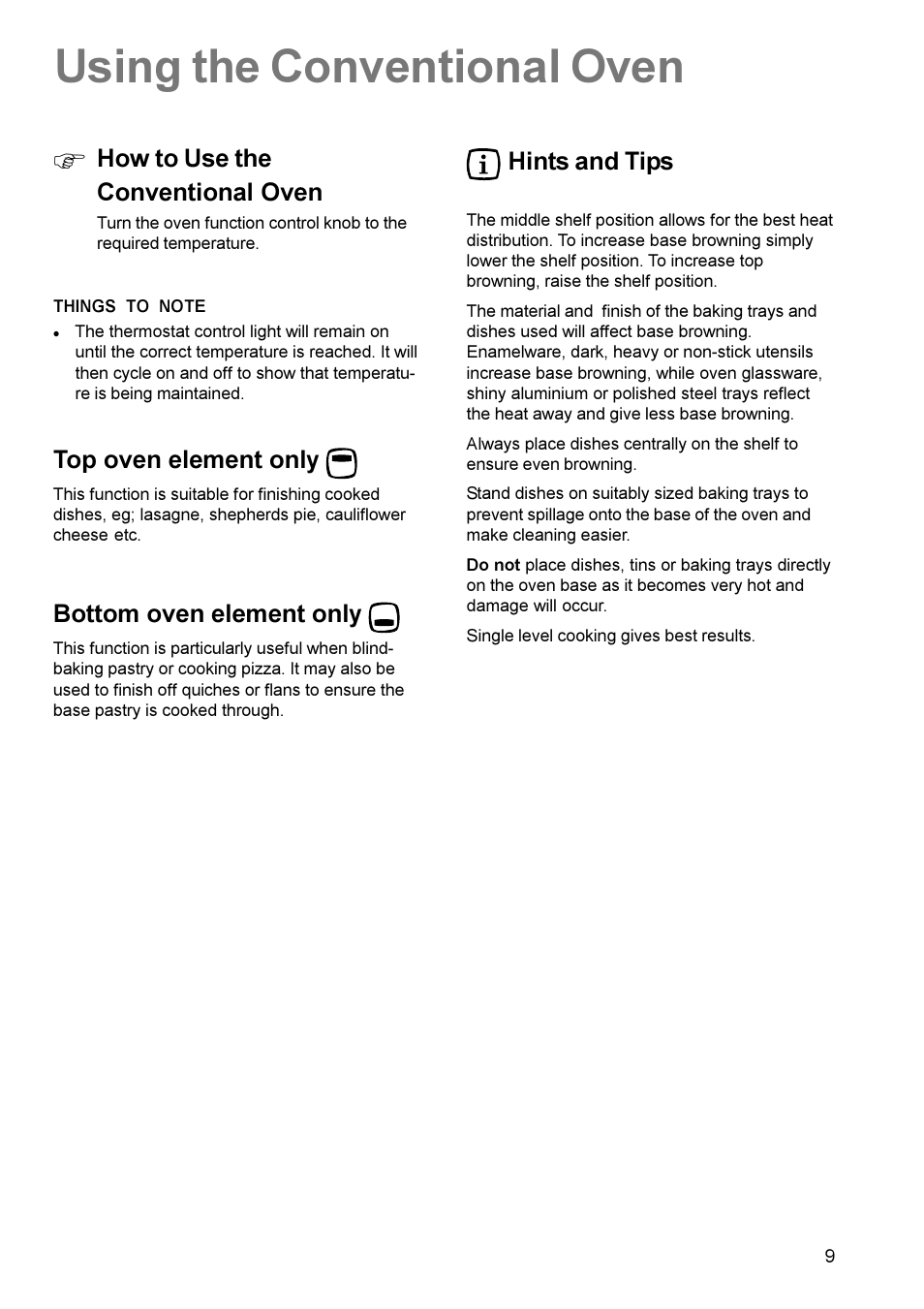 Using the conventional oven, How to use the conventional oven, Top oven element only | Bottom oven element only, Hints and tips | Electrolux EK 5741 User Manual | Page 9 / 20