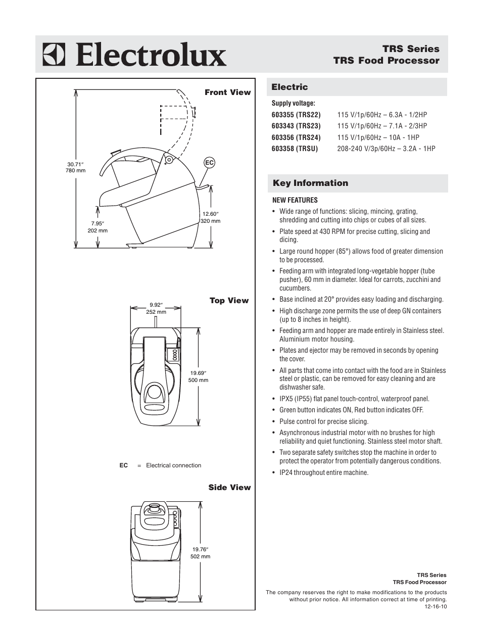Trs series trs food processor, Electric, Key information | Electrolux Dito TRS22 User Manual | Page 2 / 2