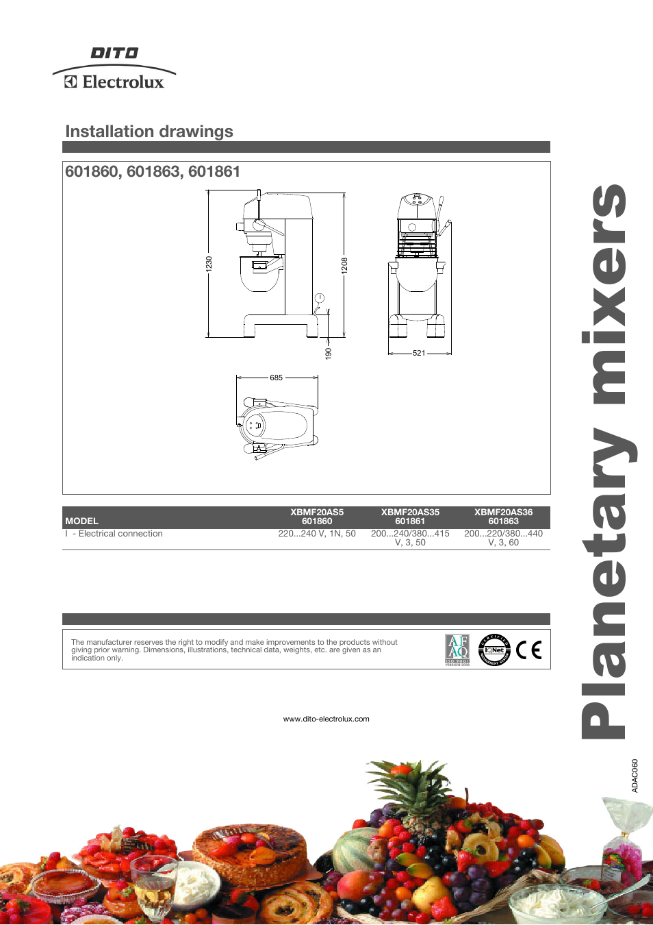 Planetary mixers, Installation drawings | Electrolux Dito 601861 User Manual | Page 4 / 4