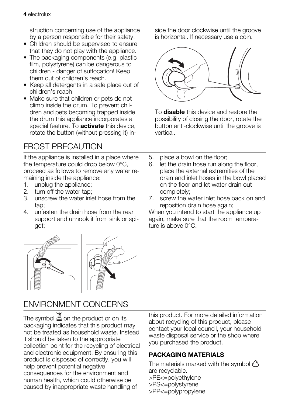Frost precaution, Environment concerns | Electrolux EWP 86100 W User Manual | Page 4 / 28