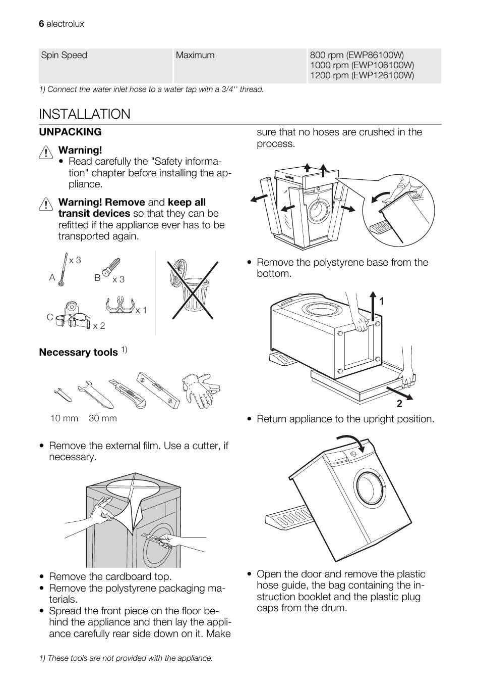 Installation | Electrolux EWP 86100 W User Manual | Page 6 / 28
