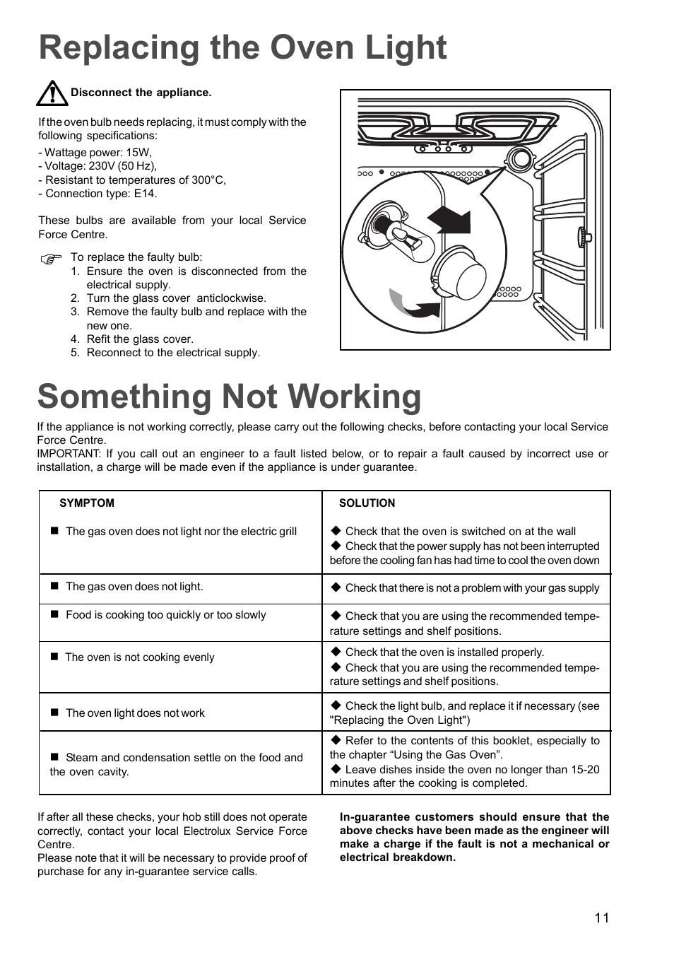 Something not working, Replacing the oven light | Electrolux EOG 601 User Manual | Page 11 / 20
